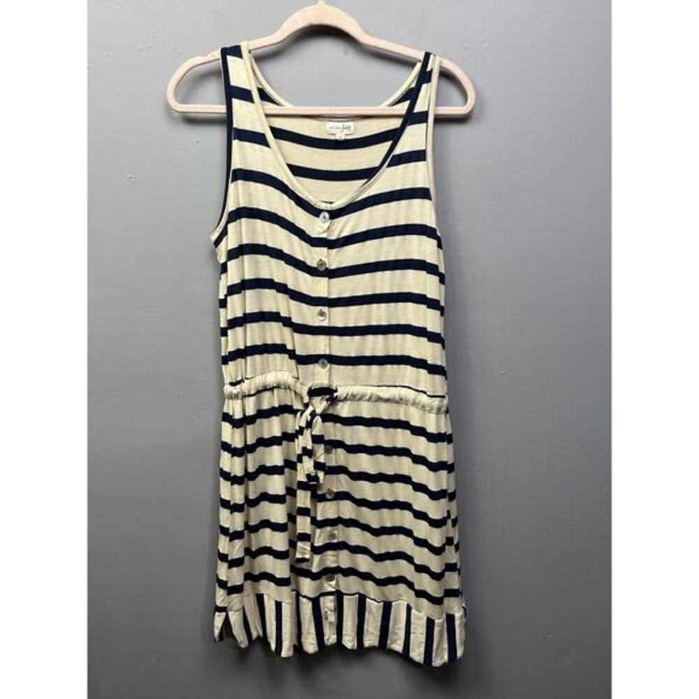 Maison Jules Womens medium Tan Blue Stripes Sleeveless Knee Length Dress button